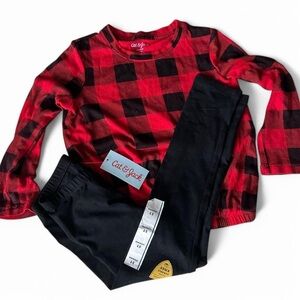 Cat & Jack Girls Red Plaid Sleeve Drawstring Shirt 4/5 & NWT black leggings  5T